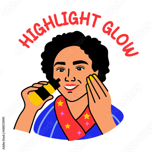 A flat style sticker of a girl applying face highlight