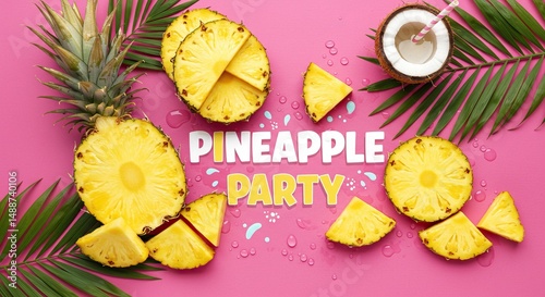 Pineapple party concept with tropical leaves and refreshing drink on pink background