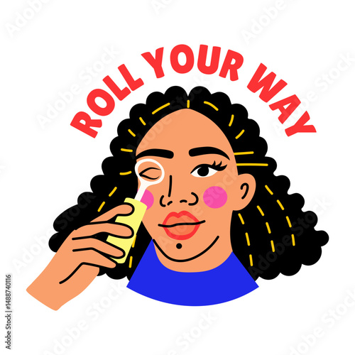 A flat style sticker showing a girl using  eyelash curler