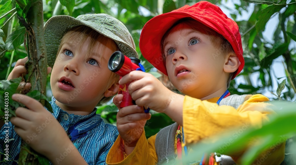 Two curious children explore nature with a magnifying glass, surrounded by green leaves on a sunny day. Two curious children explore nature with a magnifying glass, surrounded by green leaves on a sunny day.