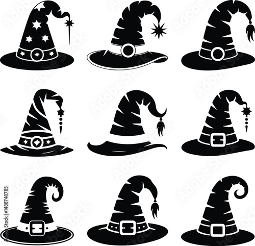 Halloween Witch Hat Silhouette Set – Spooky Cap Vector Collection Black Halloween Hat Icons | Witch Cap Silhouettes for October Designs