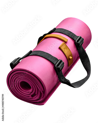 Folded yoga mat with strap, isolated on transparent background,