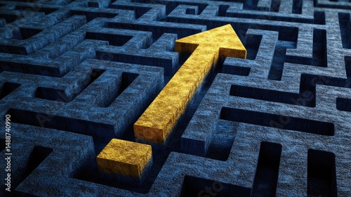 A directional gold arrow within a complex maze design.