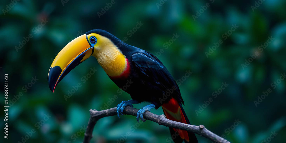 Naklejka premium a colourful toucan perched on a tree branch. The toucan is the central subject, displaying a strikingly large, multicoloured beak with shades of green, orange, and blue 