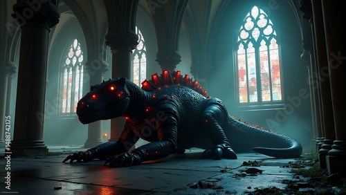 Robotic dinosaur interior architecture digital illustration