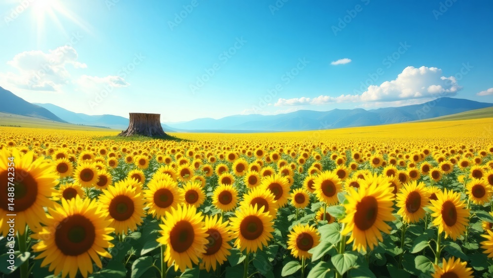 Fototapeta premium Vibrant Sunflower Field Under a Clear Blue Sky With a Tree Stump in the Background During a Sunny Day