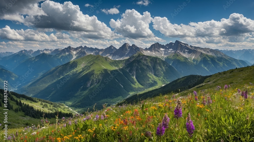 Fototapeta premium Majestic Mountain Landscape With Vibrant Wildflowers in a Serene Valley Under a Bright Blue Sky Near a Tranquil Alpine Setting
