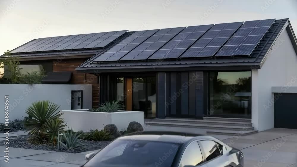 Electric car parked in driveway of modern home with solar panels on roof, promoting sustainable energy and eco friendly transportation.