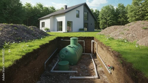 Underground septic tank system installation near a modern house, showcasing wastewater treatment and environmental engineering principles.