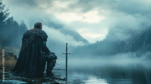 Mysterious man in black cloak standing on dock in fantasy world