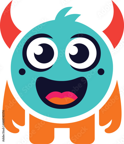 Cute Cartoon Monster with Horns and Big Eyes