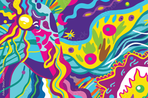 Abstract colorful illustration with organic shapes and transparent background