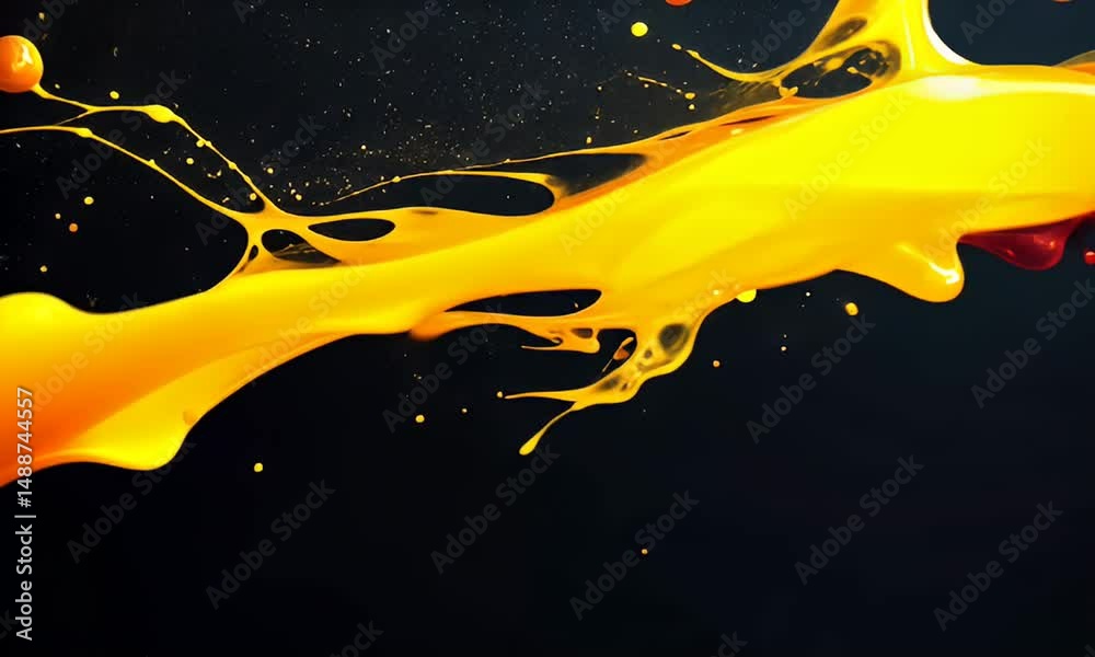 Abstract yellow and red liquid splashes against a dark, speckled background