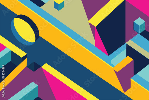 Abstract geometric composition with isometric shapes and vivid colors for design