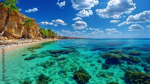 Stunning Tropical Beach Paradise: Crystal Clear Waters, Palm Trees, and Golden Sands