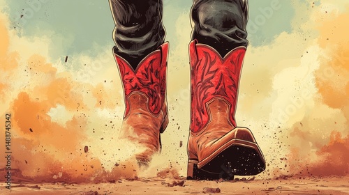A pair of red cowboy boots walking through dusty ground, capturing a rugged western vibe.