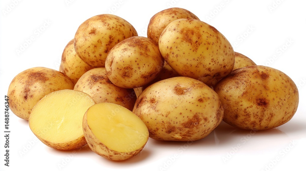 Fresh, whole and halved potatoes (2) Fresh, whole and halved potatoes (2)