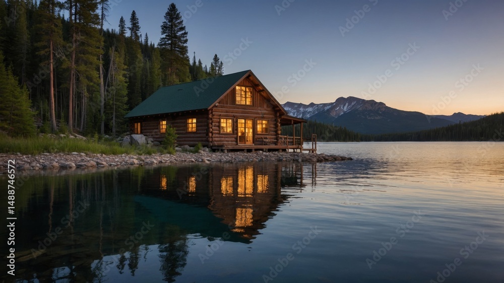 Fototapeta premium Cozy Wooden Cabin Beside a Serene Lake at Dusk With Mountains in the Background and Warm Lights Glowing From the Windows