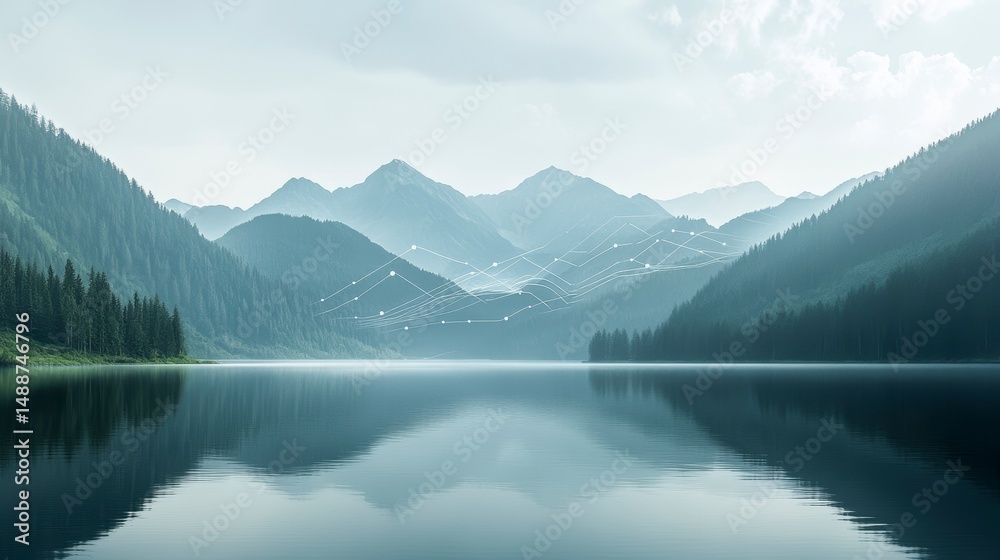 Fototapeta premium Serene mountain lake reflecting tranquil landscape with subtle network connections.