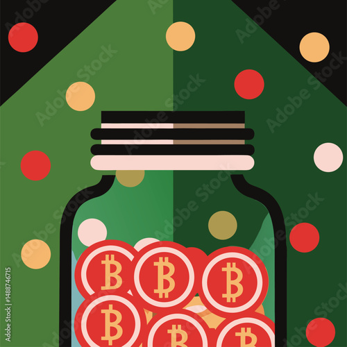 Bitcoin cryptocurrency saving jar illustration in modern geometric abstract style