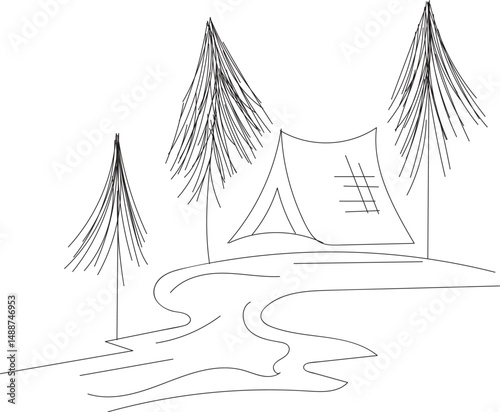 Simple Line Drawing of a Tent Campsite by a River