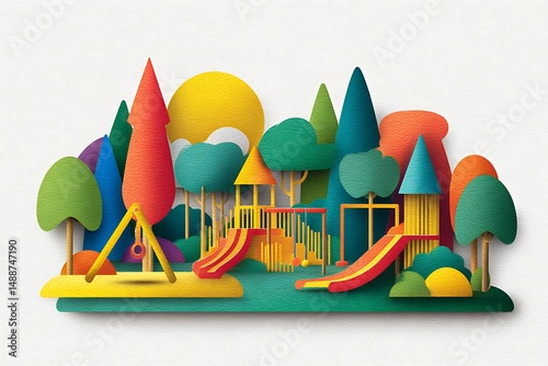 A Vibrant Paper-Cut Illustration of a Joyful Children's Playground photo