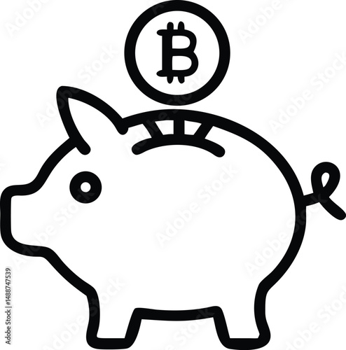Cartoon piggy bank with hand feeding coin into bitcoin symbol silhouette design