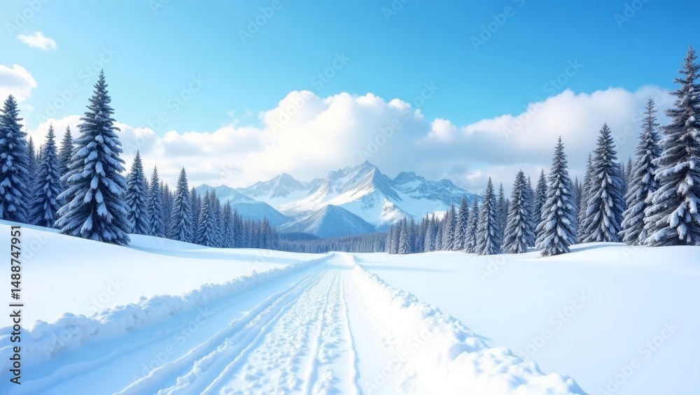 Fototapeta premium Snow-covered Landscape With Towering Mountains and Evergreen Trees Under a Bright Blue Sky in Winter