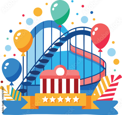 Colorful cartoon illustration of a roller coaster amusement park icon with balloons.