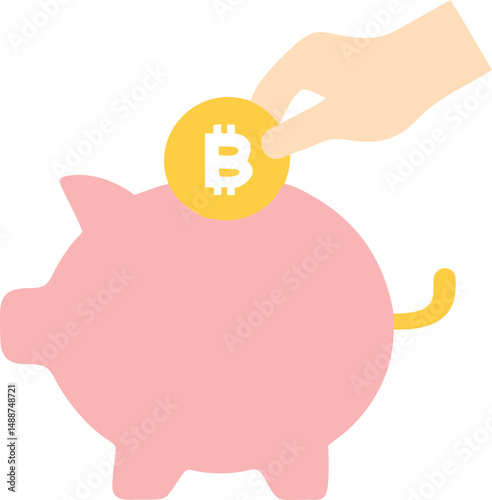 Digital cryptocurrency bitcoin coin being deposited into a piggy bank