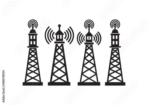 5g Signal Tower Icon Set, 5g Signal Tower Silhouette Vector