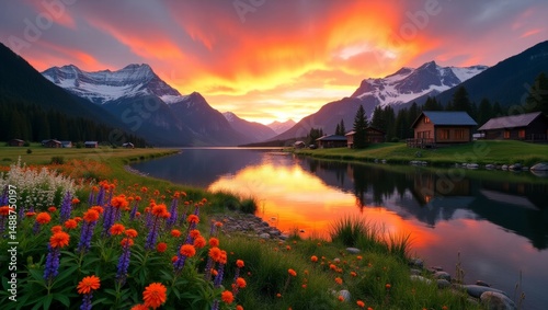 Sunset Over a Tranquil Mountain Lake With Blooming Flowers in the Foreground at a Rustic Resort in Summer
