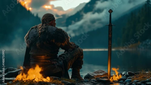 Viking Warriors Arriving for Battle on a Stormy Shore
