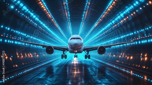 Fototapeta Naklejka Na Ścianę i Meble -  Airplane speeding through a futuristic neon-lit tunnel.