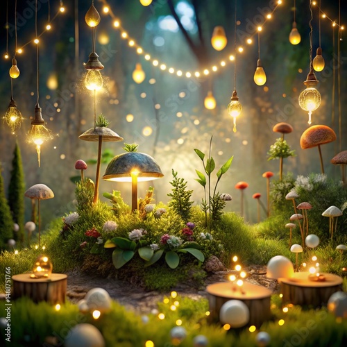 Enchanting forest glade illuminated by fairy lights, featuring mushrooms and flowers