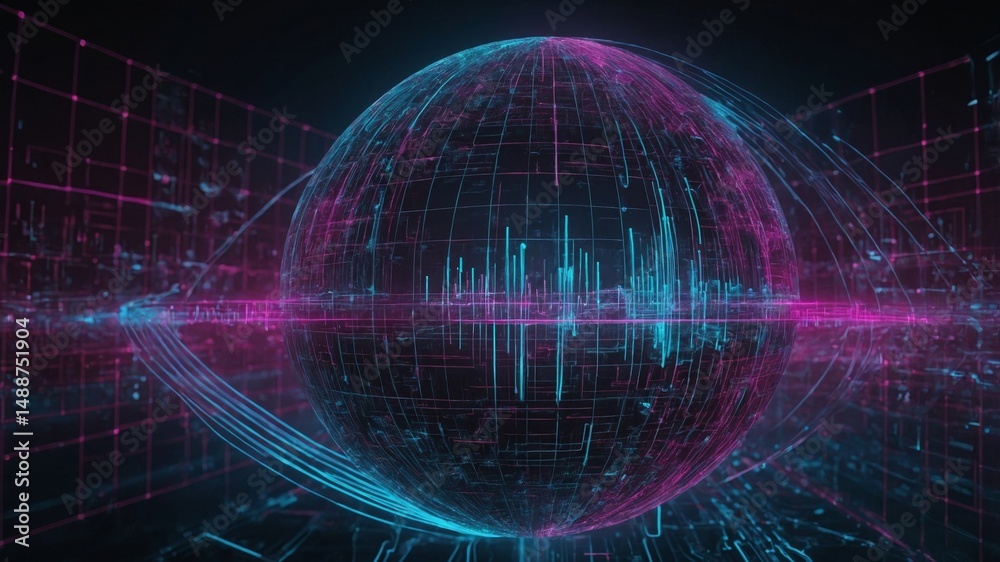 Obraz premium Abstract Representation of a Digital Globe Surrounded by Vibrant Data Streams in a Dark Space, Illustrating Technology and Connectivity Concepts