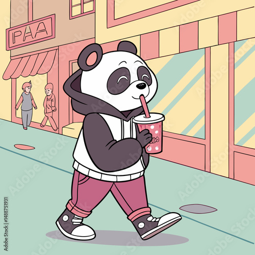 Cartoon panda in streetwear sipping bubble tea confidently