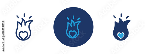 Set of 5 pixel perfect colored Passion icon with 1 unexpanded, 1 silhouette,  Heart with fire or spark symbolizing intense emotion or enthusiasm.