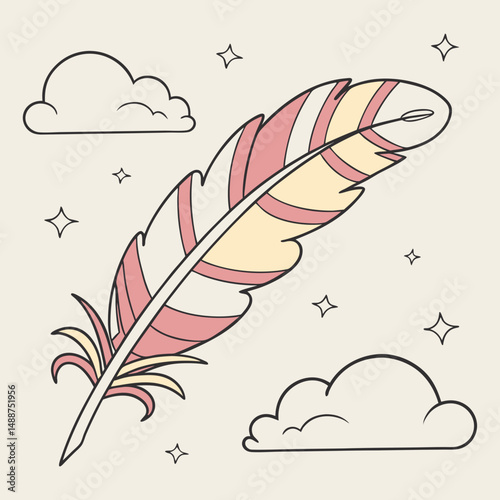 Cute feather with wings flying above fluffy cartoon clouds