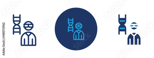 Set of 5 pixel perfect colored Biomedical engineer icon with 1 unexpanded, 1 silhouette,  Person with gear and DNA symbol representing biomedical technology.