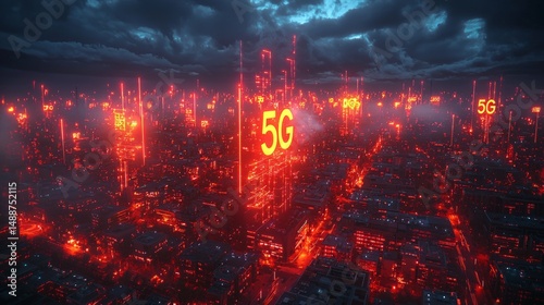 A futuristic city with glowing 5G towers and connected devices, symbolizing the speed and potential of 5G internet