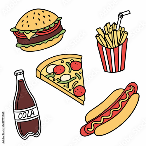Fast food icon pack: burger, fries, cola, hotdog, pizza, nuggets