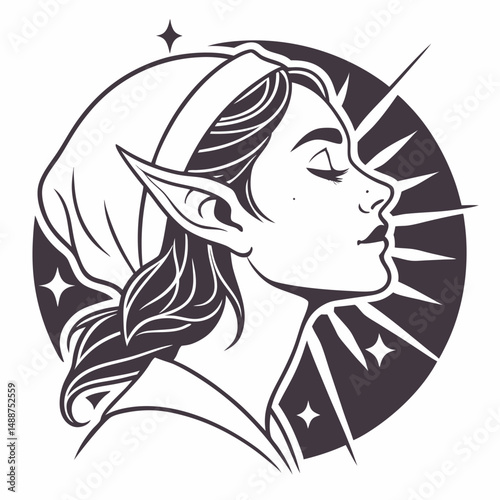 Fantasy elf face icon with pointed ears and magical aura