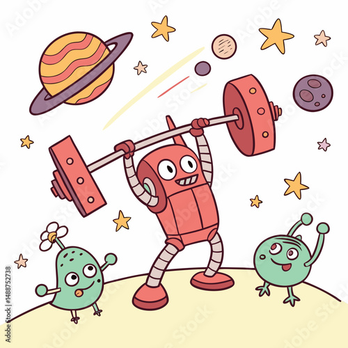 Robot lifting weights beside aliens in cosmic cartoon gym
