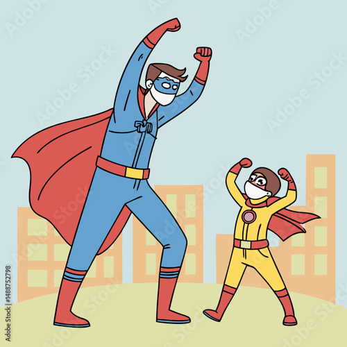 Father and child in superhero costumes striking exaggerated cartoon pose