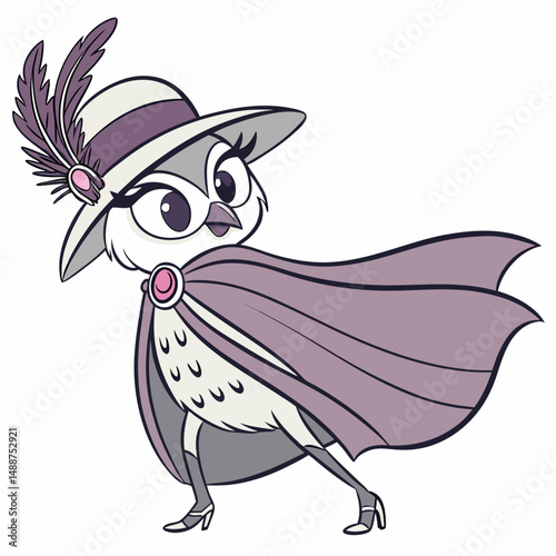 Fashion diva owl perched in hat, cape, and heels
