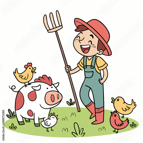 Smiling farmer with pitchfork beside cheerful barnyard animals