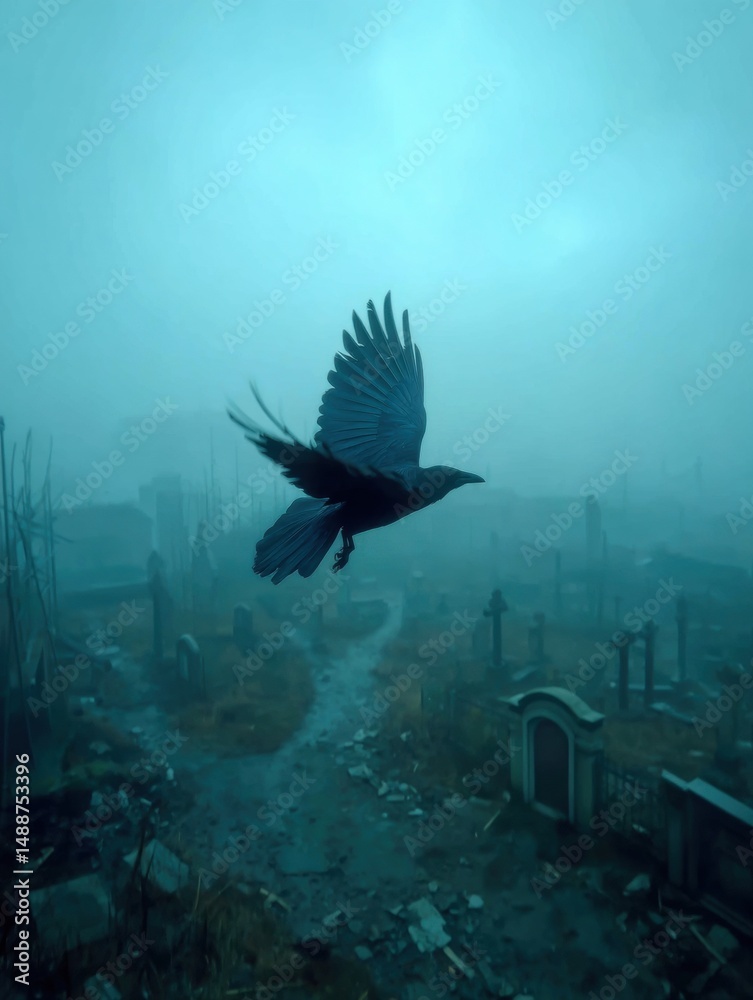 Obraz premium A solitary raven soaring over a misty, ruined cemetery.