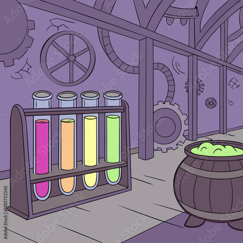 Fantasy potion factory with glass tubes and glowing liquids