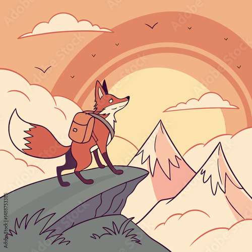 Adventurer fox with backpack standing on mountain peak sunrise